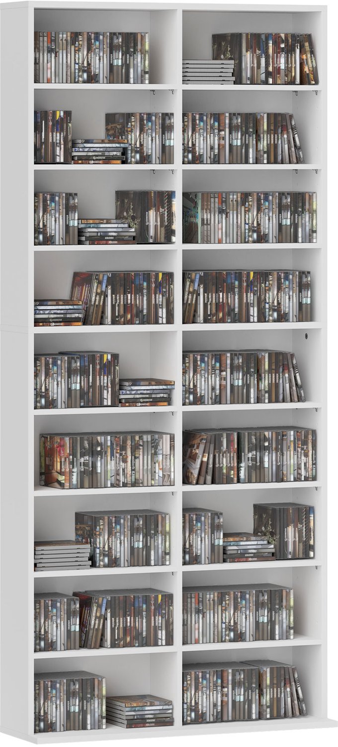 Lunpog CD- en DVD-rek – opbergrek – biedt plaats aan 640 CD's/360 DVD's – met 18 vakken – kantelbeveiliging – wit