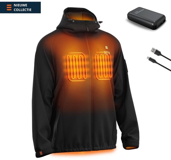 Zwarte softshell verwarmde jas met oranje verwarmingselementen op de borst, inclusief powerbank en kabel.