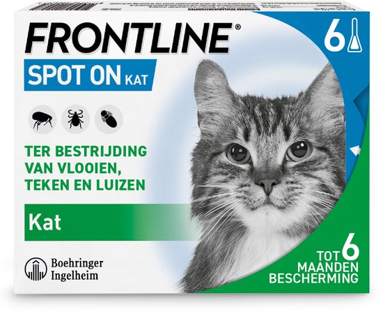 Frontline Spot On voor katten in een verpakking voor 6 maanden bescherming tegen vlooien, teken en luizen.