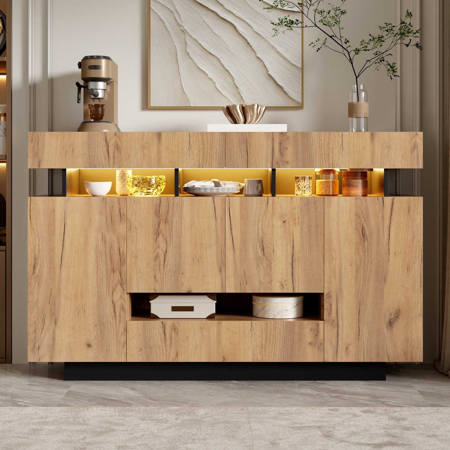 Sweiko Dressoir - Halmeubel - 3 lades - LED-verlichting - Open vakken - 140 x 35 x 90 cm - Natuurlijke + Zwart
