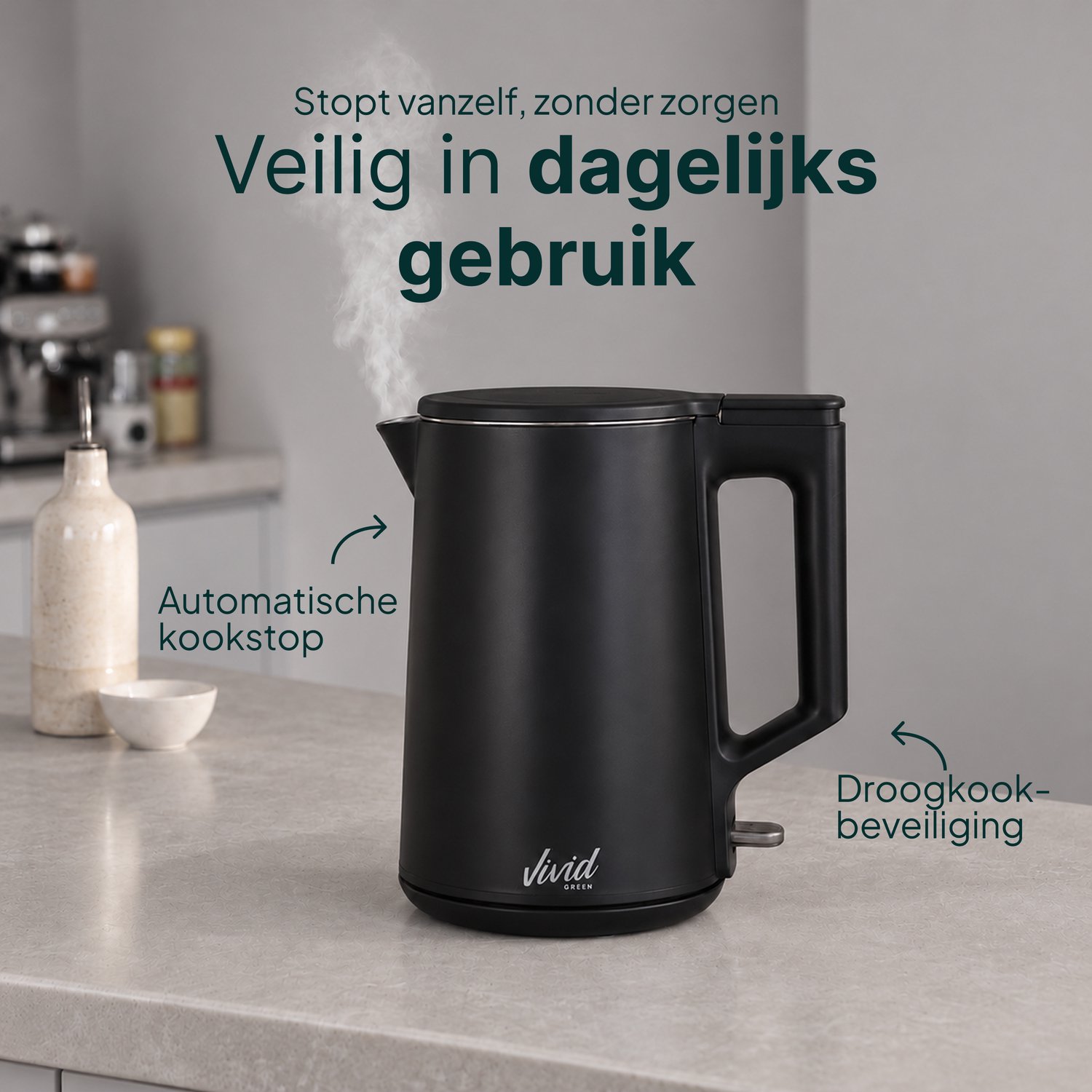 Vivid Green Waterkoker - 1.7L - Dubbelwandig - BPA-vrij - RVS - 2000W - Elektrisch - Zwart thumbnail 5