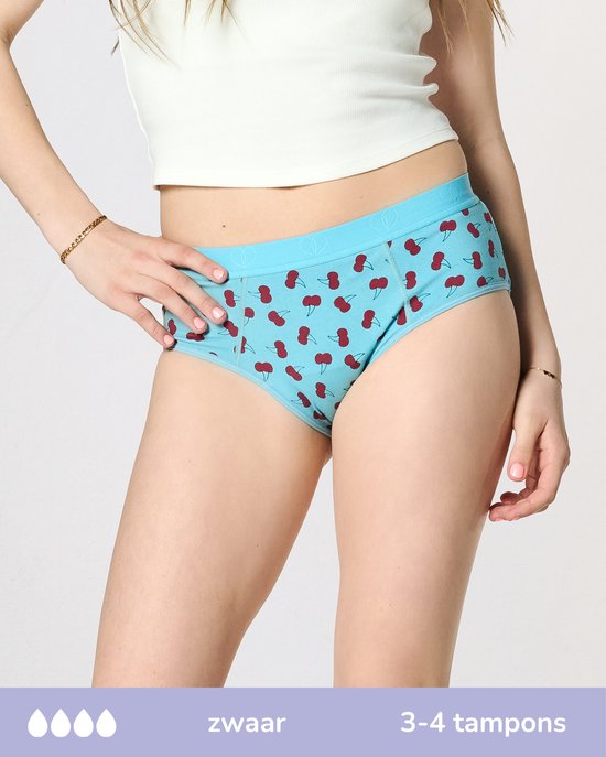 Lichtblauwe menstruatie hipster met kersenprint voor zware dagen, equivalent aan 3-4 tampons.