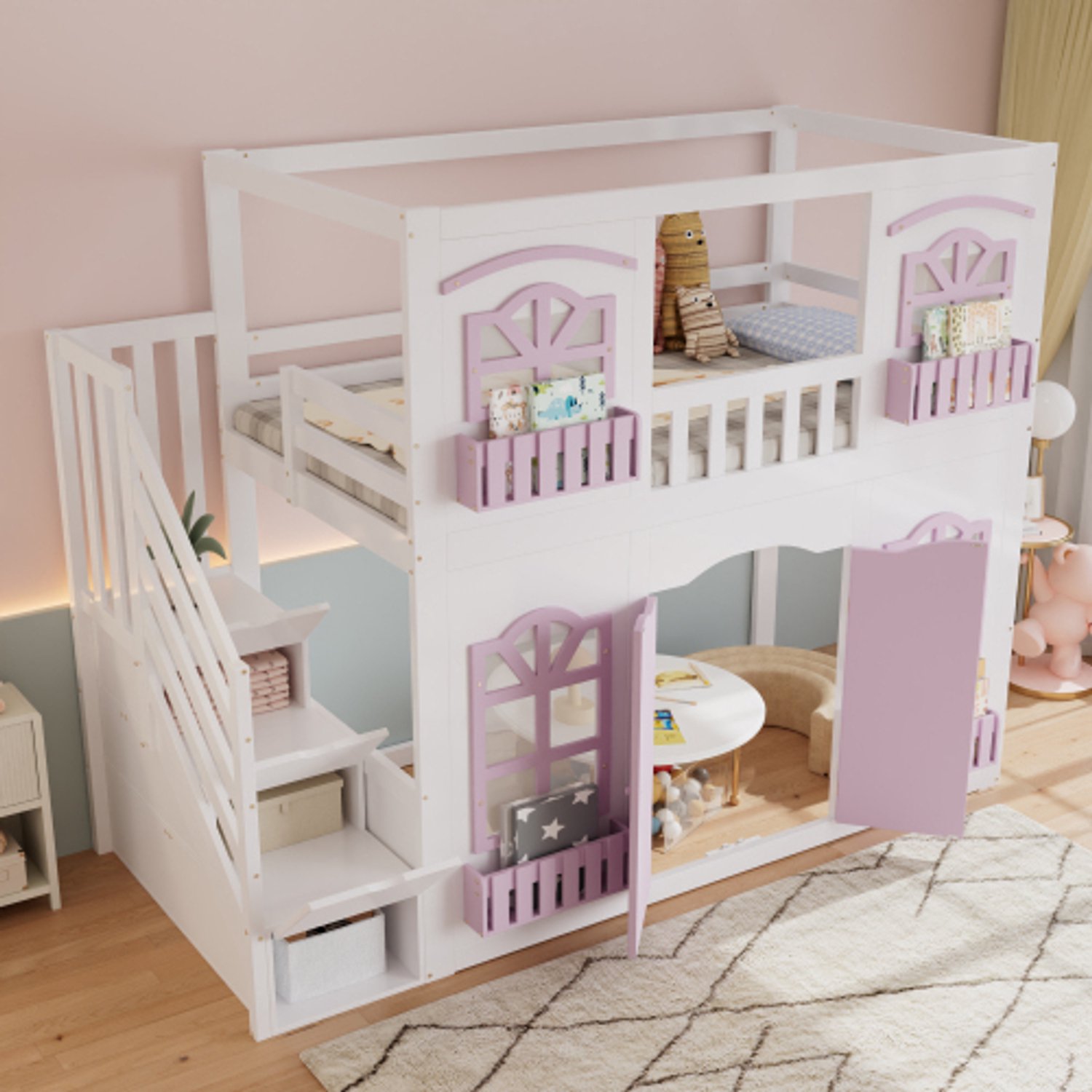 Zubaliya Wit & Roze Houten Huisbed / Halfhoogslaper 90x200 cm met Acryl Ramen & Opbergtrap - Kinderbed met Deurtje & Speelhoek - Wit & Roze Wit met Roze