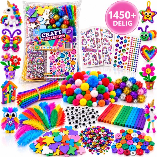Twenty4seven knutselset met 1450+ onderdelen: pompons, veren, stickers, knopen, pijpenragers en houten stokjes.