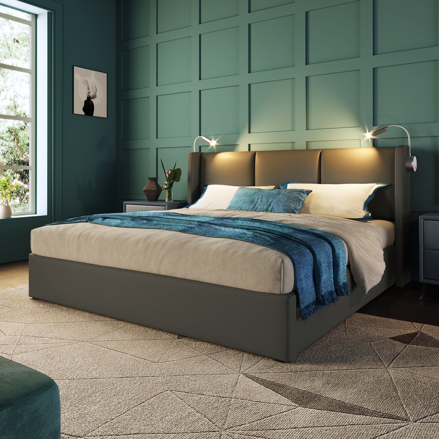 MUVANO Gestoffeerd bed 140x200 cm - Tweepersoons opbergbed - Leeslamp en USB - PU en houten lattenbodem - Hydraulische lift - Slaapkamer grijs