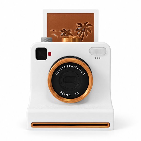 Voorzijde van een witte camera-koffieprinter met een koperkleurige lens en een sjabloon met palmbomen.