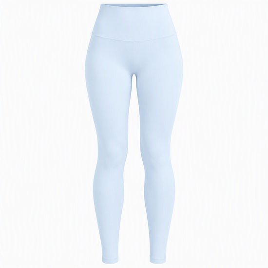Vooraanzicht van een lichtblauwe legging met hoge taille en een comfortabele, elastische pasvorm.