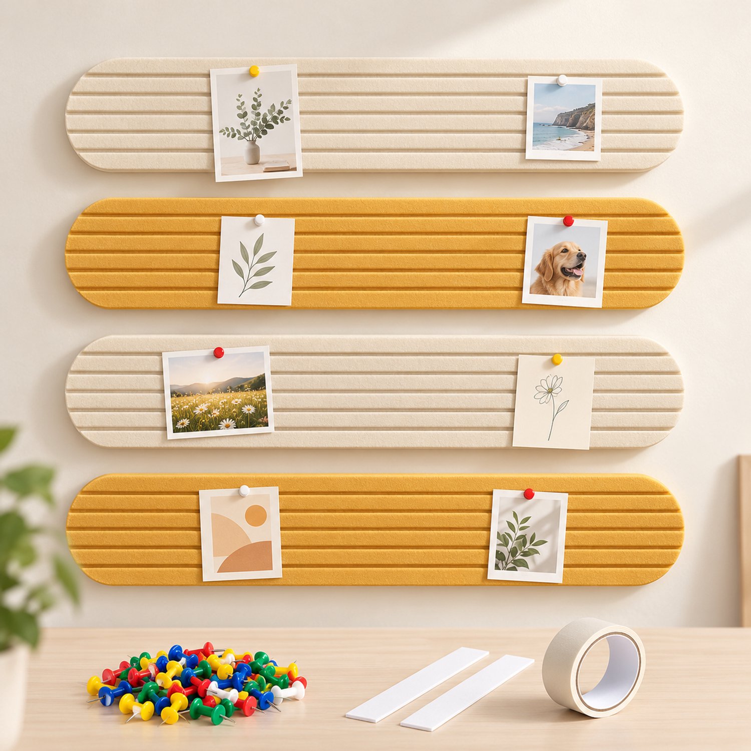 Lifhelpe Wandprikbord van Vilt 4 Stuks – Zelfklevend Fotobord en Memobord Zonder Boren – Decoratieve Wandorganizer 20 × 80 cm voor Notities – Crème en Geel