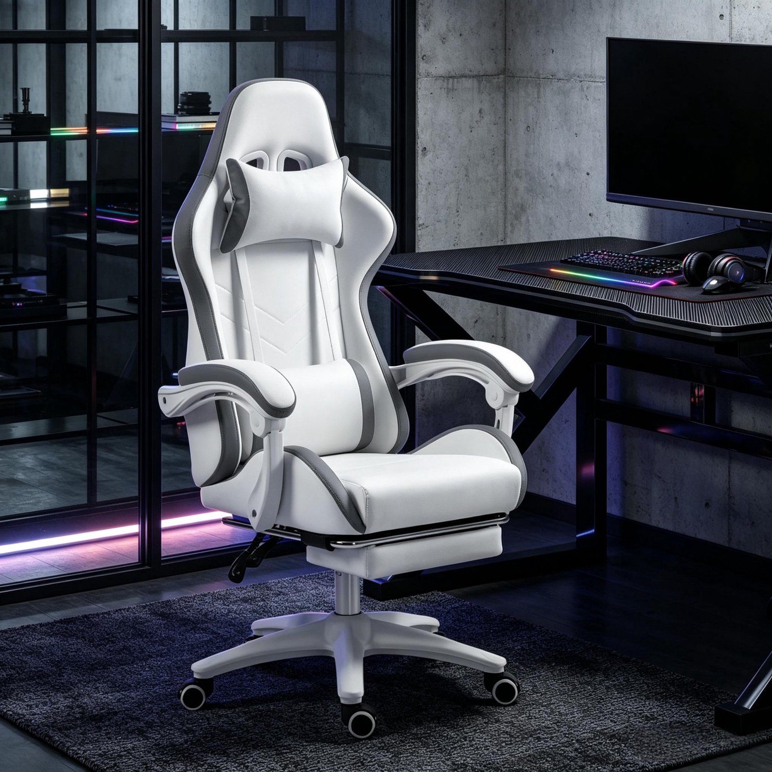 OKWISH Gamingstoel 65 x 65 x 121-129 cm - Rugleuning tot 135° en Voetensteun - voor Speelkamer en Thuiskantoor - Polyurethaan - Wit en Grijs Wit, grijs