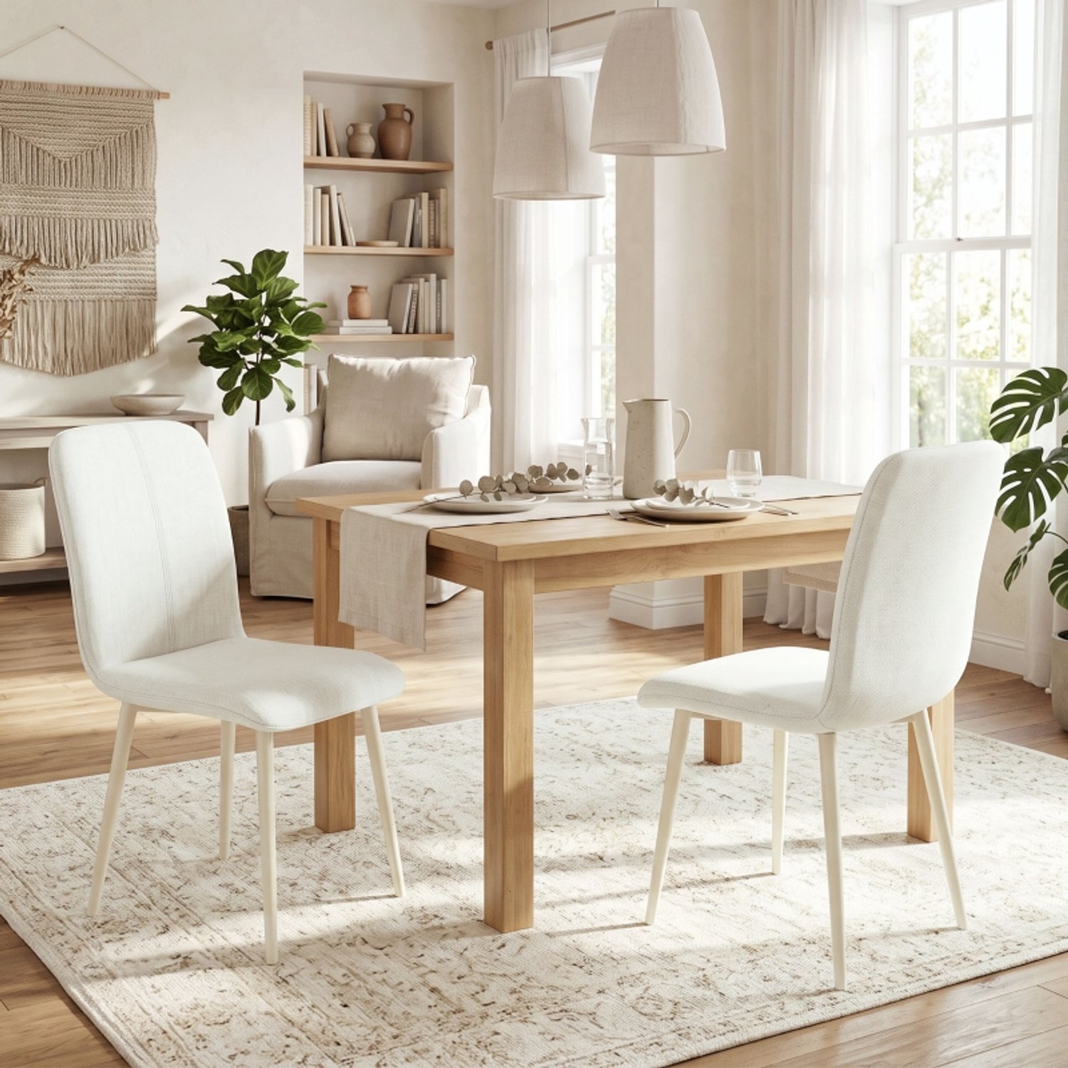 OKWISH Eetkamerstoelen 42 x 57 x 85 cm - Set van 2 met Hoge Rugleuning en Linnenlook - Voor de Eetkamer - Stof en Metaal - Crème