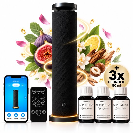 Zwarte Aura 360 aromadiffuser met app, afstandsbediening en drie 50ml geuroliën, omringd door vijgen en citrus.