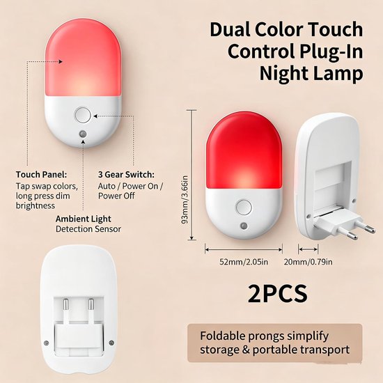 2 Stuks - Nachtlampje Stopcontact - Nachtlampje met 670 nm Rood Licht voor Slaaptherapie & Oranje Licht, Van Kleur Veranderend - 0,5 W - Dag & Nacht Sensor - Bioritme voor Betere Slaap - Voor Baby, Kind en Volwassenen - Zumolir® van Zumolir — afbeelding 2