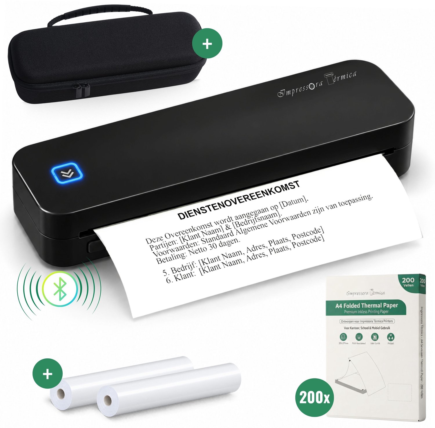 Impressora Térmica® - Thermische A4 printer - Combideal met Draagtas + 200 Vellen Thermisch Papier + 2 papierrollen - Mini Printer voor Mobiel/Tablet/Laptop - 304 DPI - Pocket Printer - Tattoo printer - Zwart