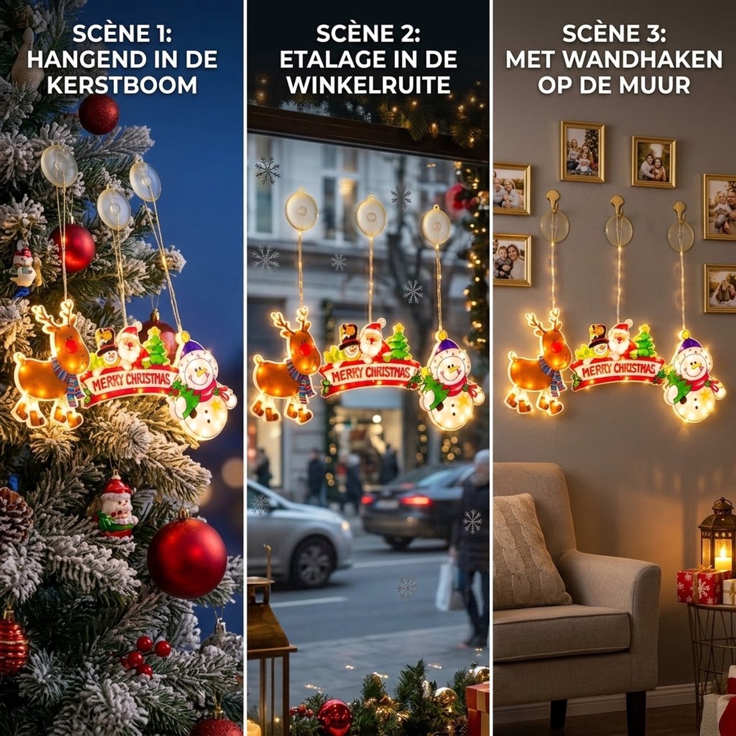 LED Kerst Raamverlichting (Set van 6) – Kerstfiguren met Warm Wit Licht, Kerst Raamdecoratie met Zuignap, Kerstman, Sneeuwman, Rendier en Kerstdecoratie voor Raam op Batterijen – foto 3