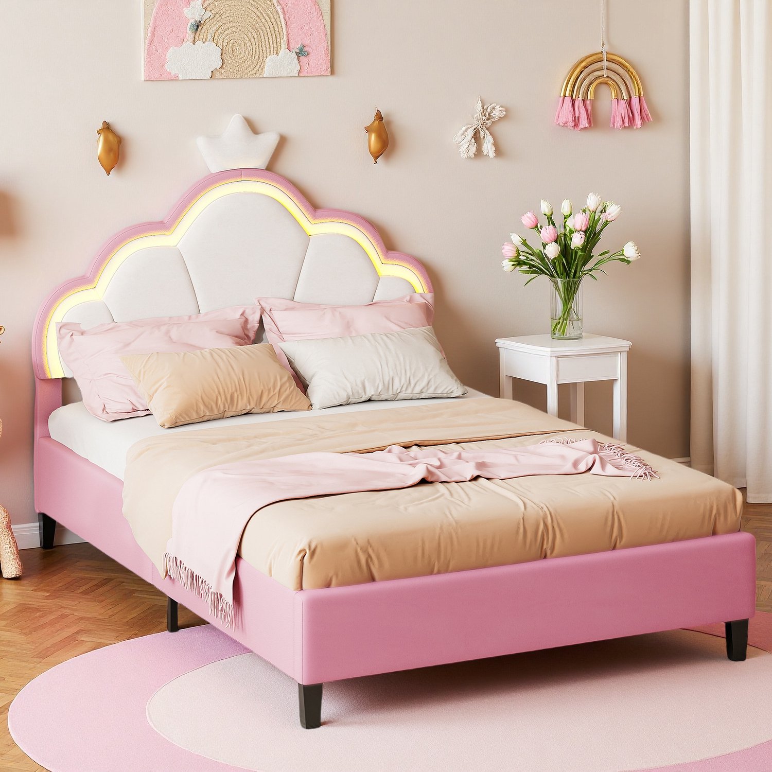 ROSAHQNDA Kinderbed 140x200 cm voor meisjes, prinsessenbed met LED-verlichting, kroonvormig verstelbaar hoofdeinde, gestoffeerd flanel, tienerbed, roze, zonder matras