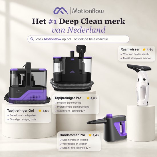 Motionflow reinigingsapparaten: Tapijtreiniger Go, Tapijtreiniger Pro, Handstomer Pro en Raamwisser op witte sokkels.