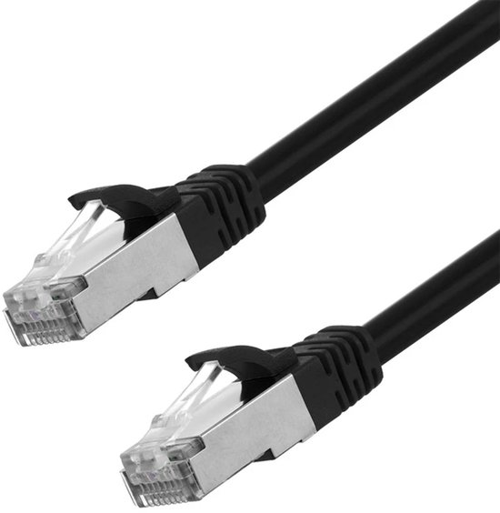Zwarte INNECTIX CAT 6A S/FTP patchkabel van 5 meter met zilveren metalen RJ45-connectoren.