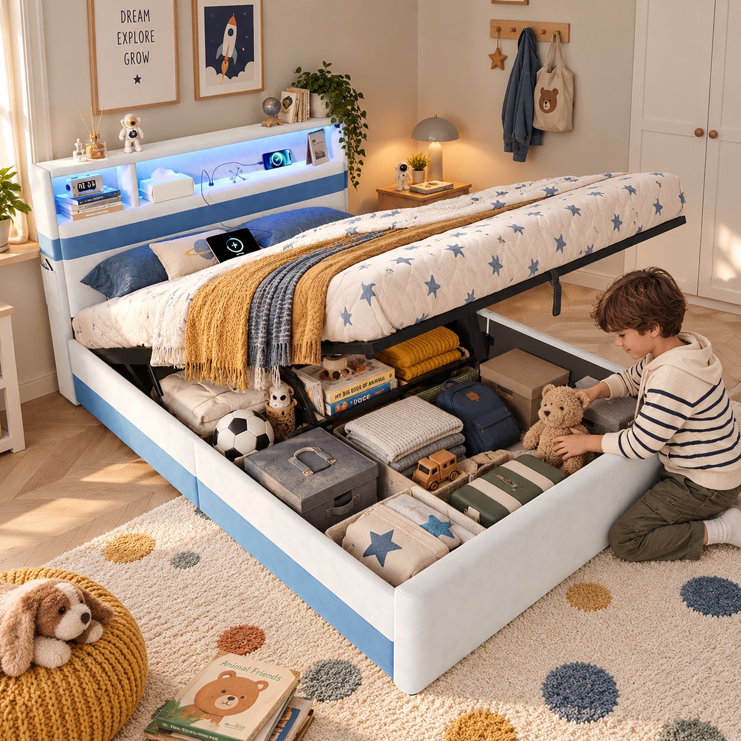 DantefHandels Gestoffeerd bed 140 x 200 cm met hydraulische opbergruimte, wit-blauw fluweel, ledverlichting, USB-aansluitingen en zijvakken Wit en blauw