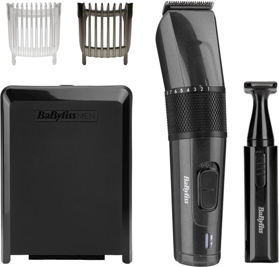 Set met grijze tondeuse, detailtrimmer, twee opzetkammen en zwarte opbergetui.