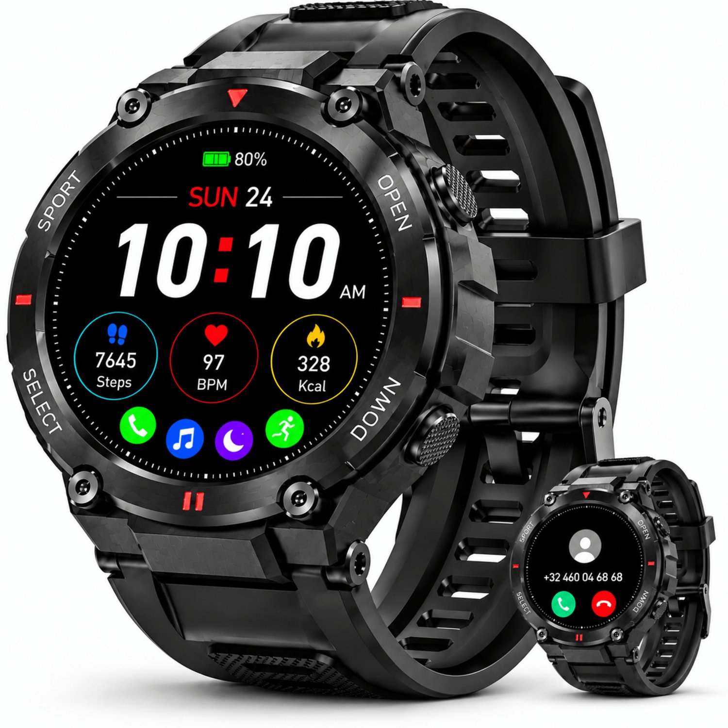 : VANOVAA Outdoor Smartwatch Heren & Dames 45 mm - Bluetooth Bellen - 400 mAh Batterij - IP67 - Activity Tracker - 100+ Sportmodi - 2 Bandjes