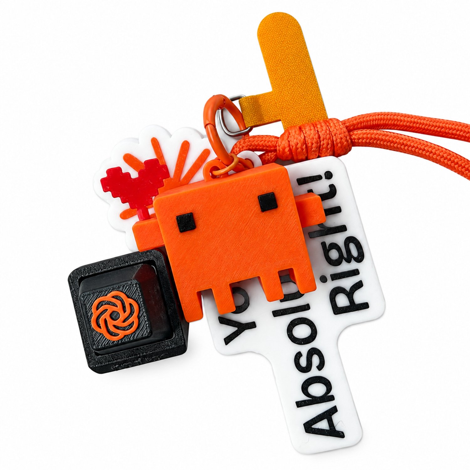 3D-geprinte tashanger met pixelpersonage en hart, met karabijnhaak, oranje koord en toetsvormige decoratie