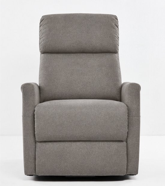 Vooraanzicht van een taupekleurige Finlandic F-601 sta-op relaxfauteuil met een subtiel patroon in de stof.