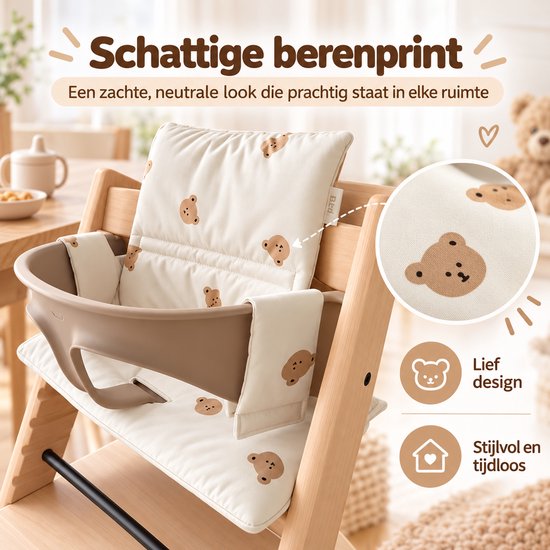 Stoelverkleiner Kinderstoel - Kussenset - Beertjes Print - Crème - Nylon - Zitkussen en Rugkussen - tot 26 cm Rug — afbeelding 5