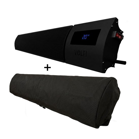 Zwarte VOLT! infraroodverwarmer met bijbehorende beschermhoes.