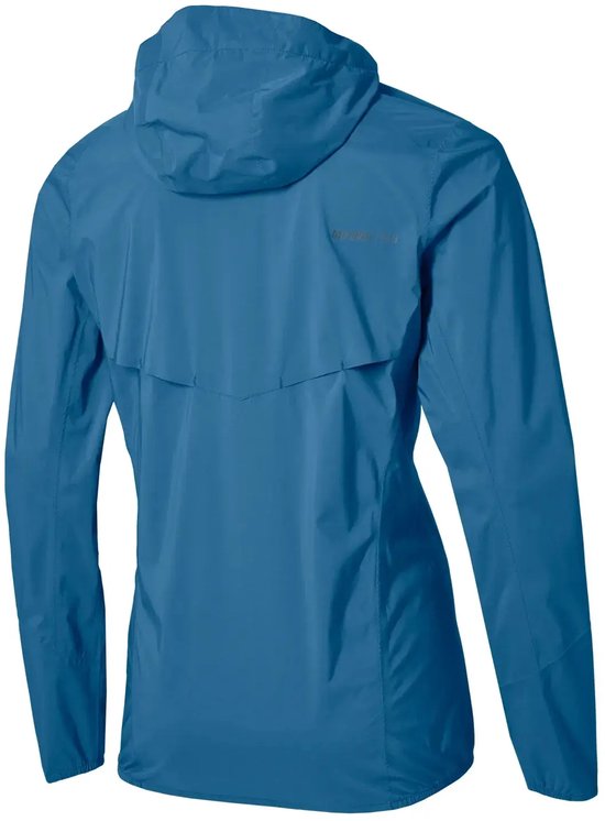 Achterzijde van het blauwe Mizuno damesregenjack met ventilatieflap en 'Mizuno Trail' tekst.