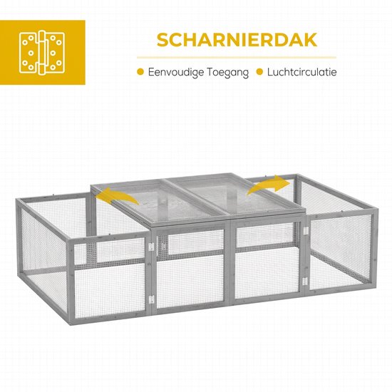 Grijze houten dierenren met scharnierend dak voor eenvoudige toegang en ventilatie.