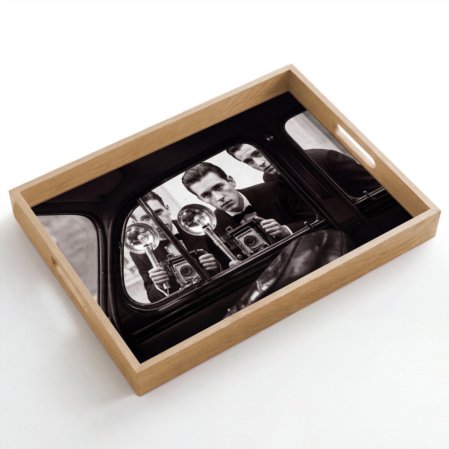 Dienblad hout 50x35 cm - Schootdienblad - Fotograaf - Camera - Vintage - Journalistiek - Zwart-wit - Borrelplank rechthoek - Plateau dienbladen