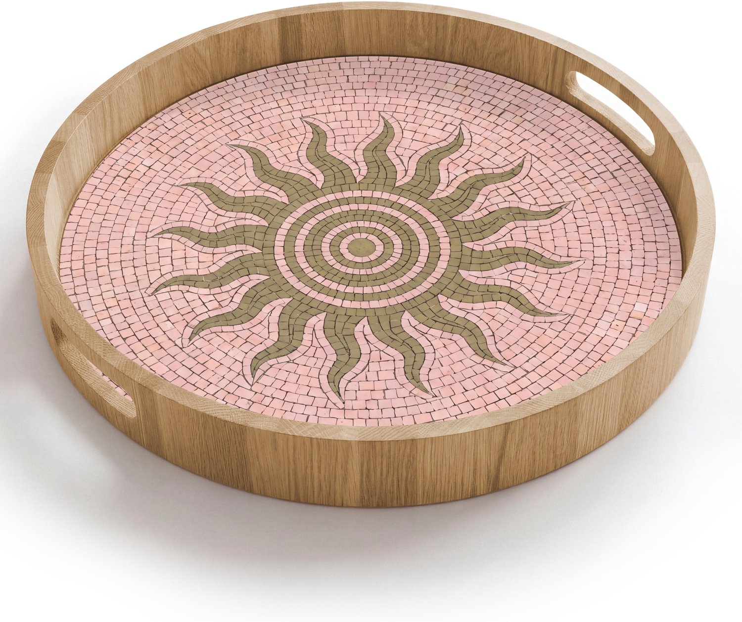 Dienblad rond 40x40 cm - Schootdienblad hout - Mozaïek - Zon - Patroon - Klassiek - Roze - Borrelplank rechthoek - Plateau houten dienbladen