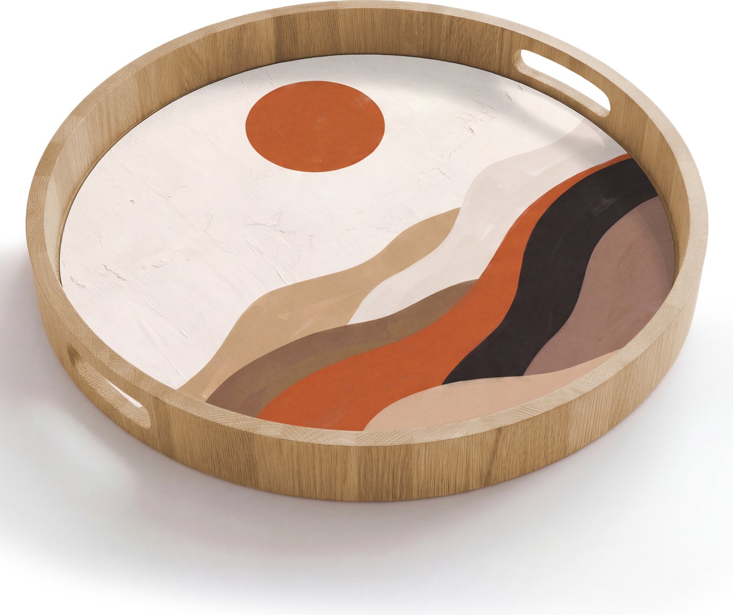 Dienblad rond 50x50 cm - Schootdienblad hout - Landschap - Heuvels - Zon - Abstract - Oranje - Borrelplank rechthoek - Plateau houten dienbladen