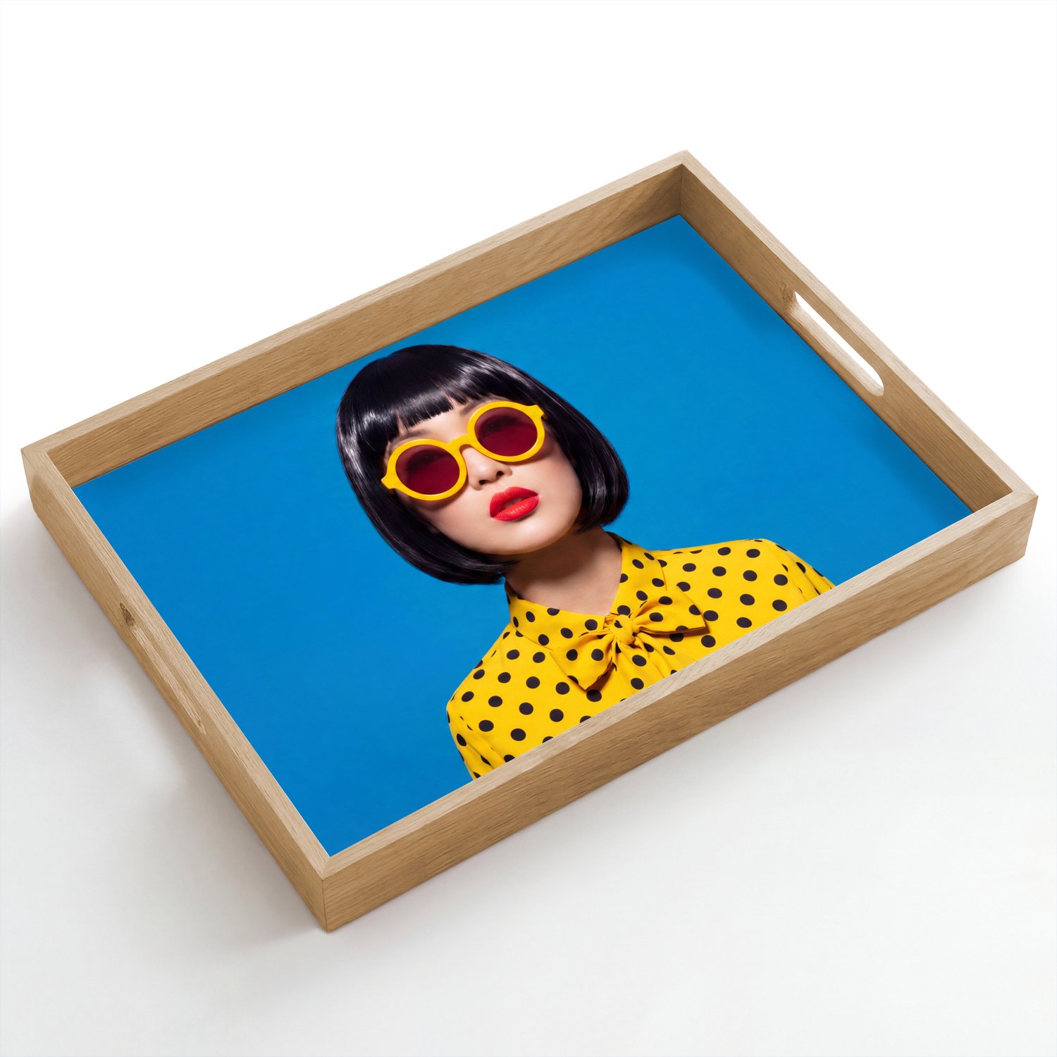 Dienblad hout 50x35 cm - Schootdienblad - Vrouw - Zonnebril - Pop Art - Portret - Geel - Borrelplank rechthoek - Plateau dienbladen