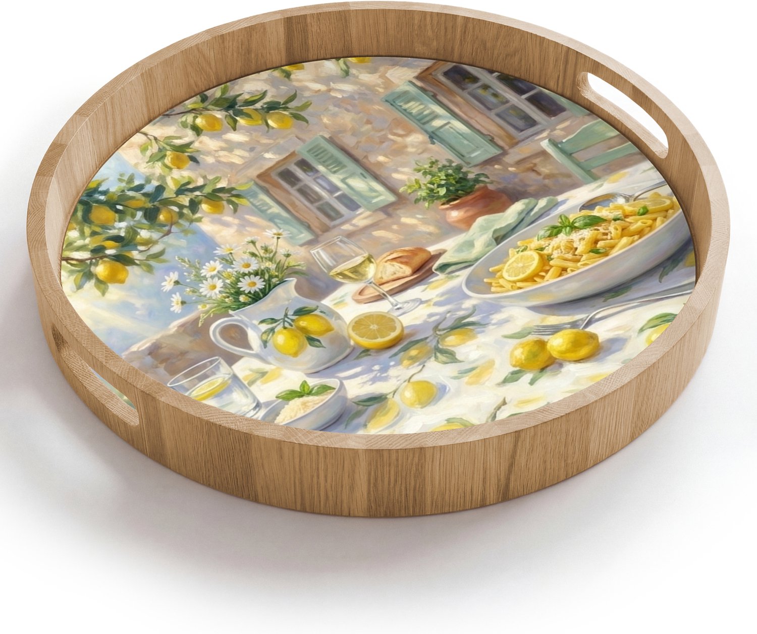 Dienblad rond 40x40 cm - Schootdienblad hout - Eten - Terras - Zomer - Geschilderd - Geel - Borrelplank rechthoek - Plateau houten dienbladen