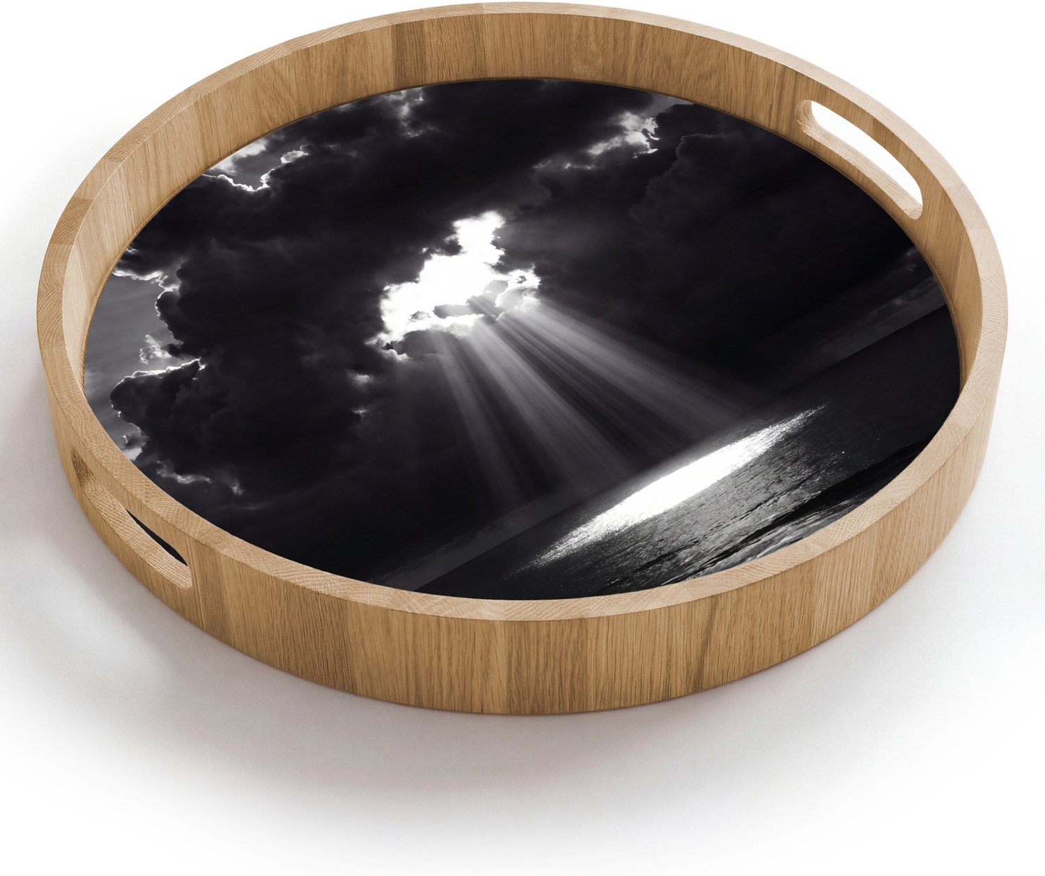 Dienblad rond 40x40 cm - Schootdienblad hout - Licht - Wolken - Zee - Zwart-wit - Natuur - Borrelplank rechthoek - Plateau houten dienbladen