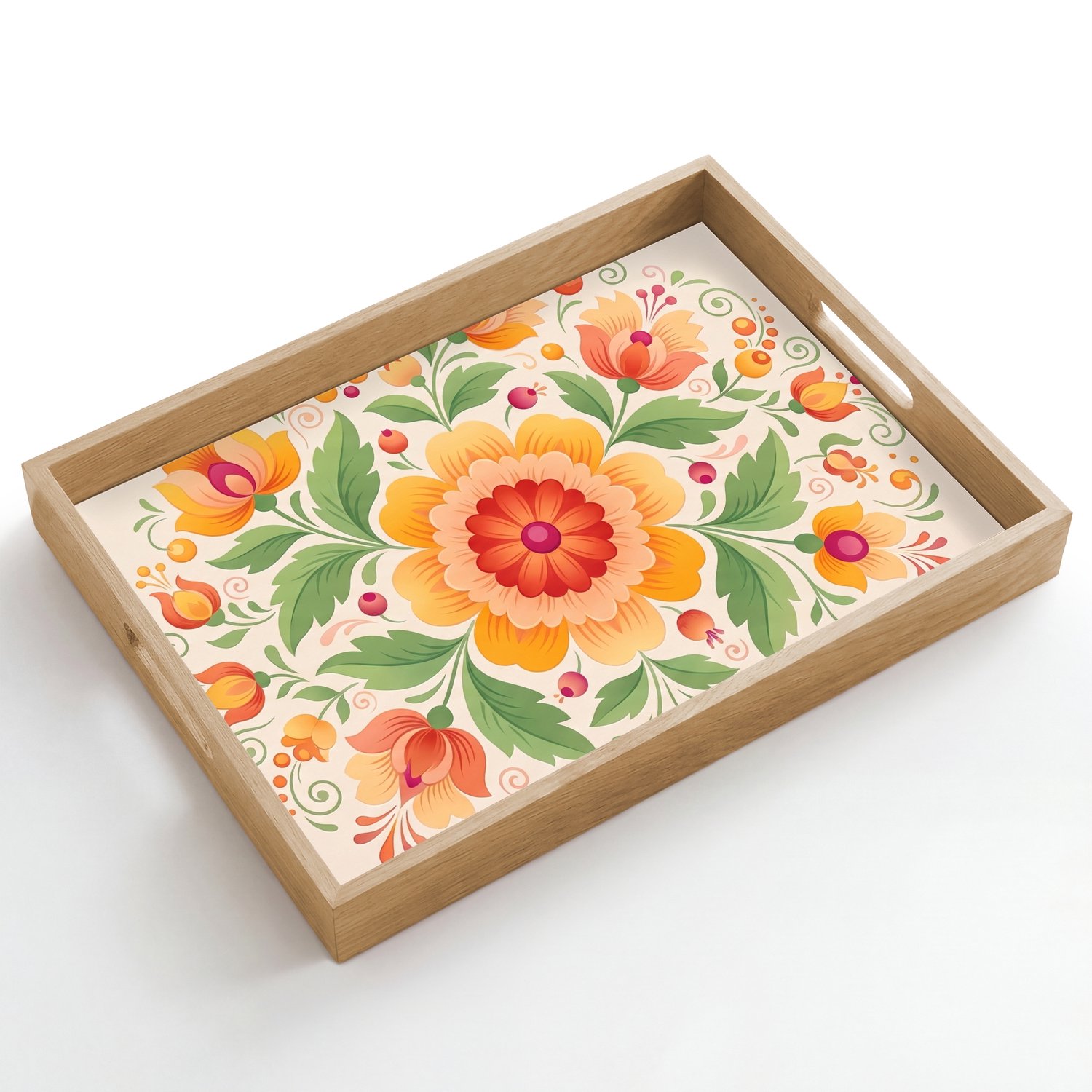 Dienblad hout 50x35 cm - Schootdienblad - Bloemen - Patroon - Decoratief - Oranje - Borrelplank rechthoek - Plateau dienbladen