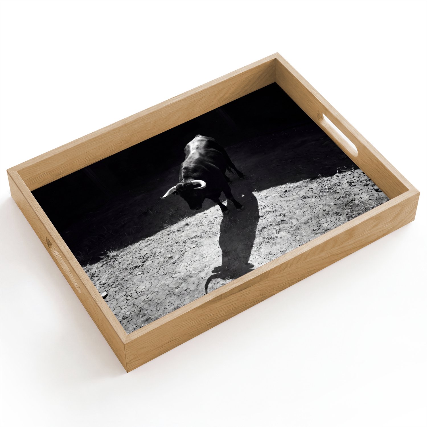 Dienblad hout 40x30 cm - Schootdienblad - Stier - Schaduw - Dieren - Contrast - Zwart-wit - Borrelplank rechthoek - Plateau dienbladen