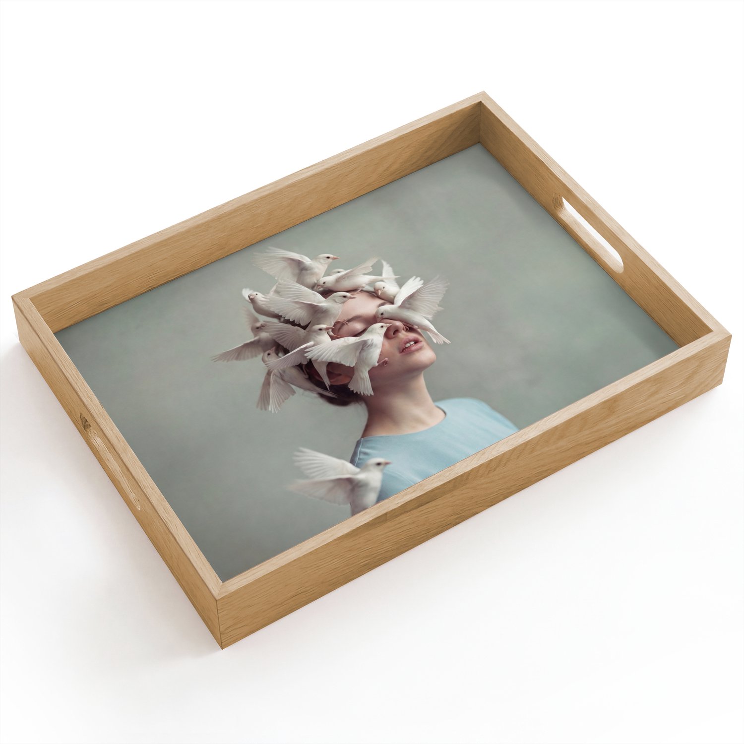 Dienblad hout 40x30 cm - Schootdienblad - Vrouw - Vogels - Abstract - Modern - Wit - Borrelplank rechthoek - Plateau dienbladen