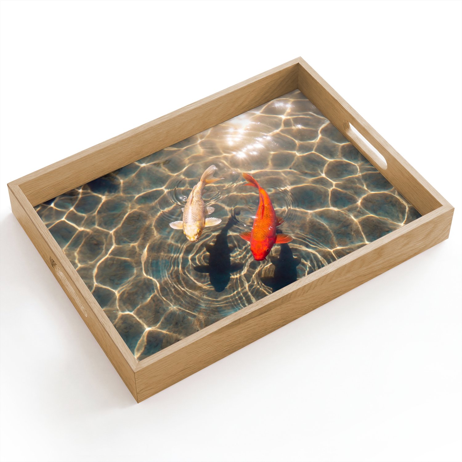 Dienblad hout 40x30 cm - Schootdienblad - Vis - Water - Dieren - Oranje - Goud - Borrelplank rechthoek - Plateau dienbladen