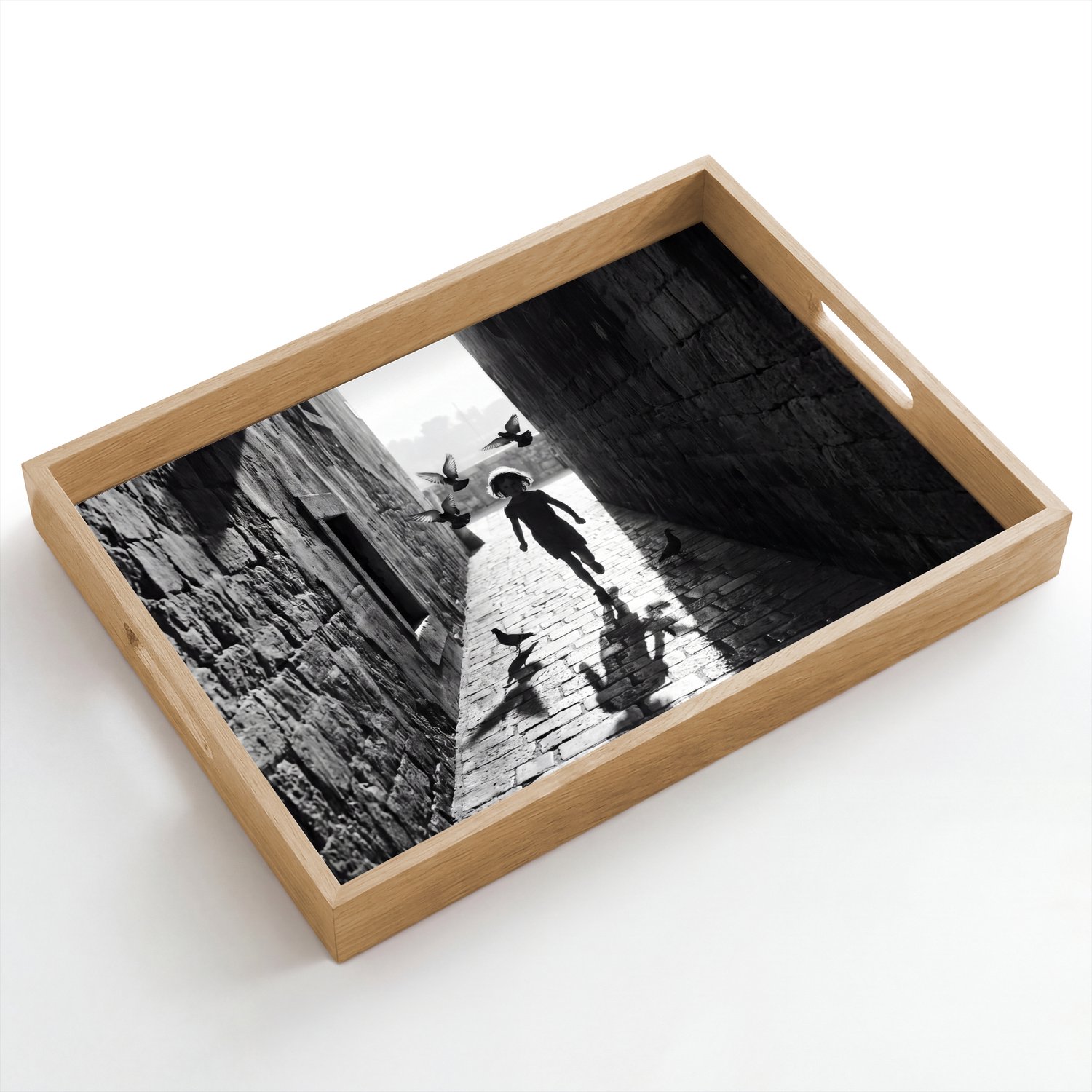 Dienblad hout 50x35 cm - Schootdienblad - Kind - Vogel - Straat - Zwart-wit - Spelen - Borrelplank rechthoek - Plateau dienbladen