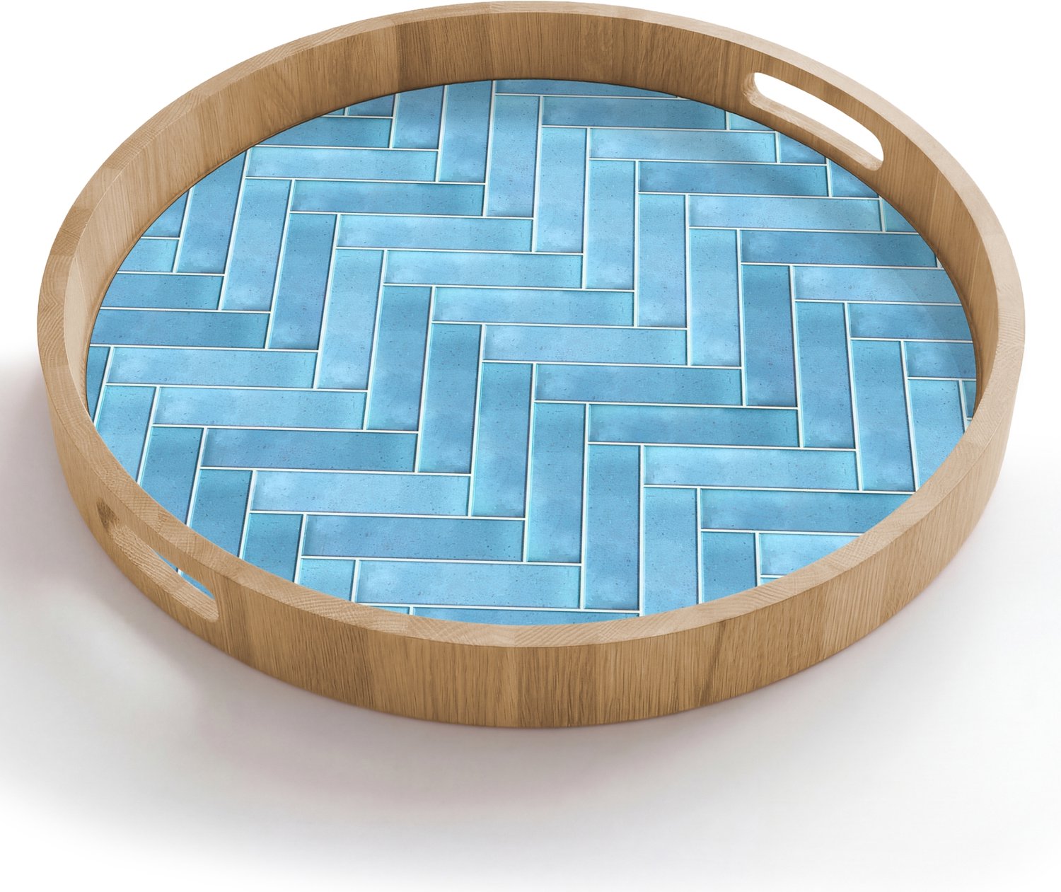 Dienblad rond 50x50 cm - Schootdienblad hout - Visgraat - Wandtegel - Lichtblauw - Borrelplank rechthoek - Plateau houten dienbladen