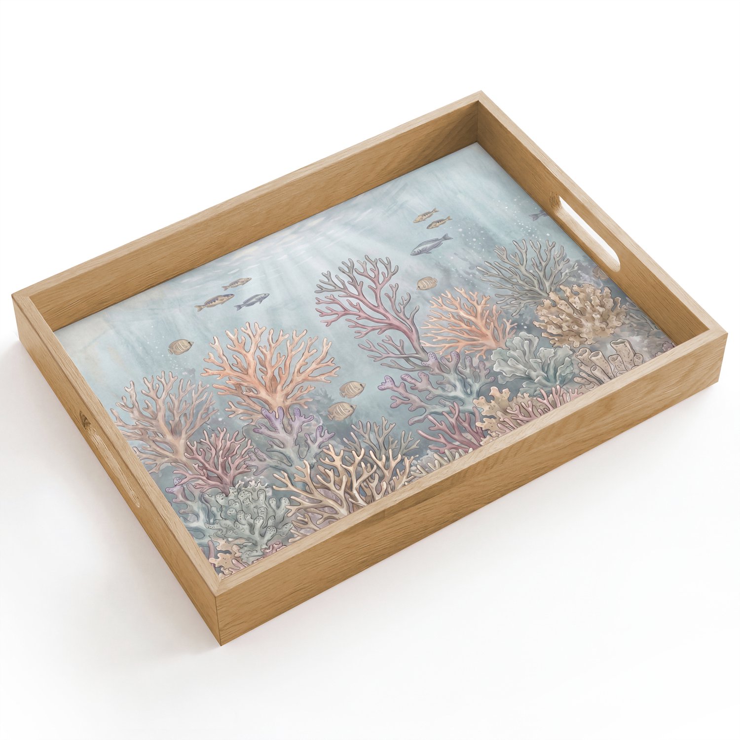 Dienblad hout 40x30 cm - Schootdienblad - Vis - Koraal - Oceaan - Illustratie - Onderwater - Borrelplank rechthoek - Plateau dienbladen