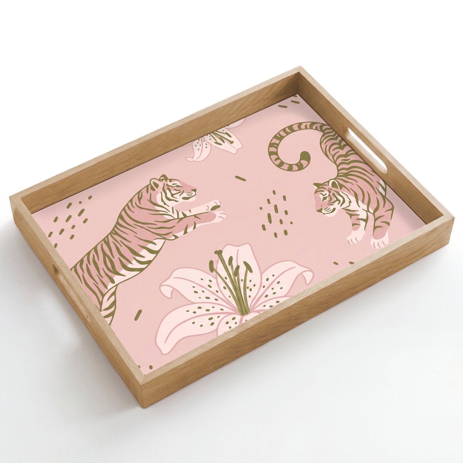 Dienblad hout 50x35 cm - Schootdienblad - Kat - Springend - Bloemen - Abstract - Roze - Borrelplank rechthoek - Plateau dienbladen