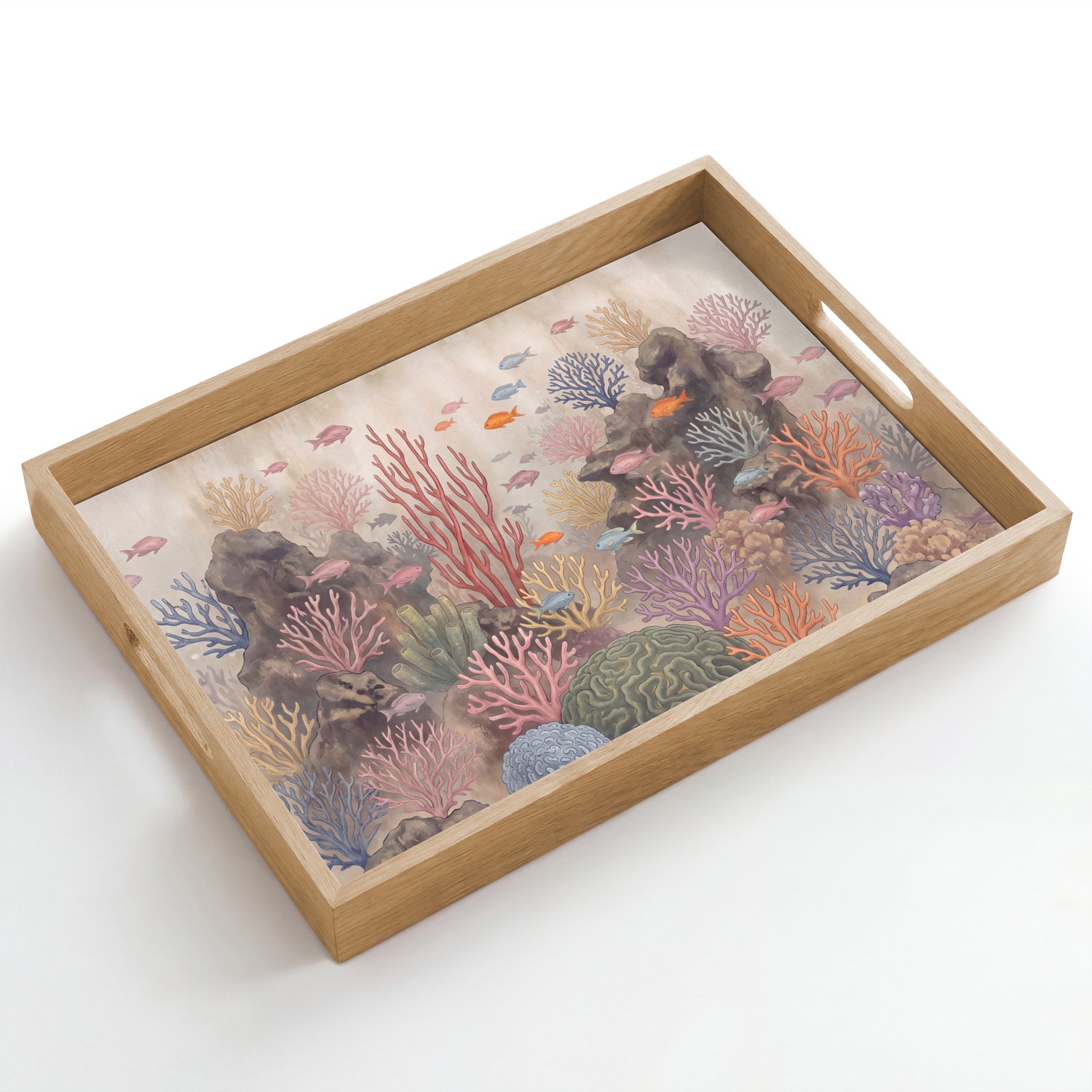 Dienblad hout 50x35 cm - Schootdienblad - Vis - Koraalrif - Onderwaterwereld - Illustratie - Borrelplank rechthoek - Plateau dienbladen