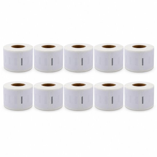 Tien witte labelrollen van 25 x 54 mm, compatibel met Dymo-printers, gerangschikt in twee rijen tegen een witte achtergrond.