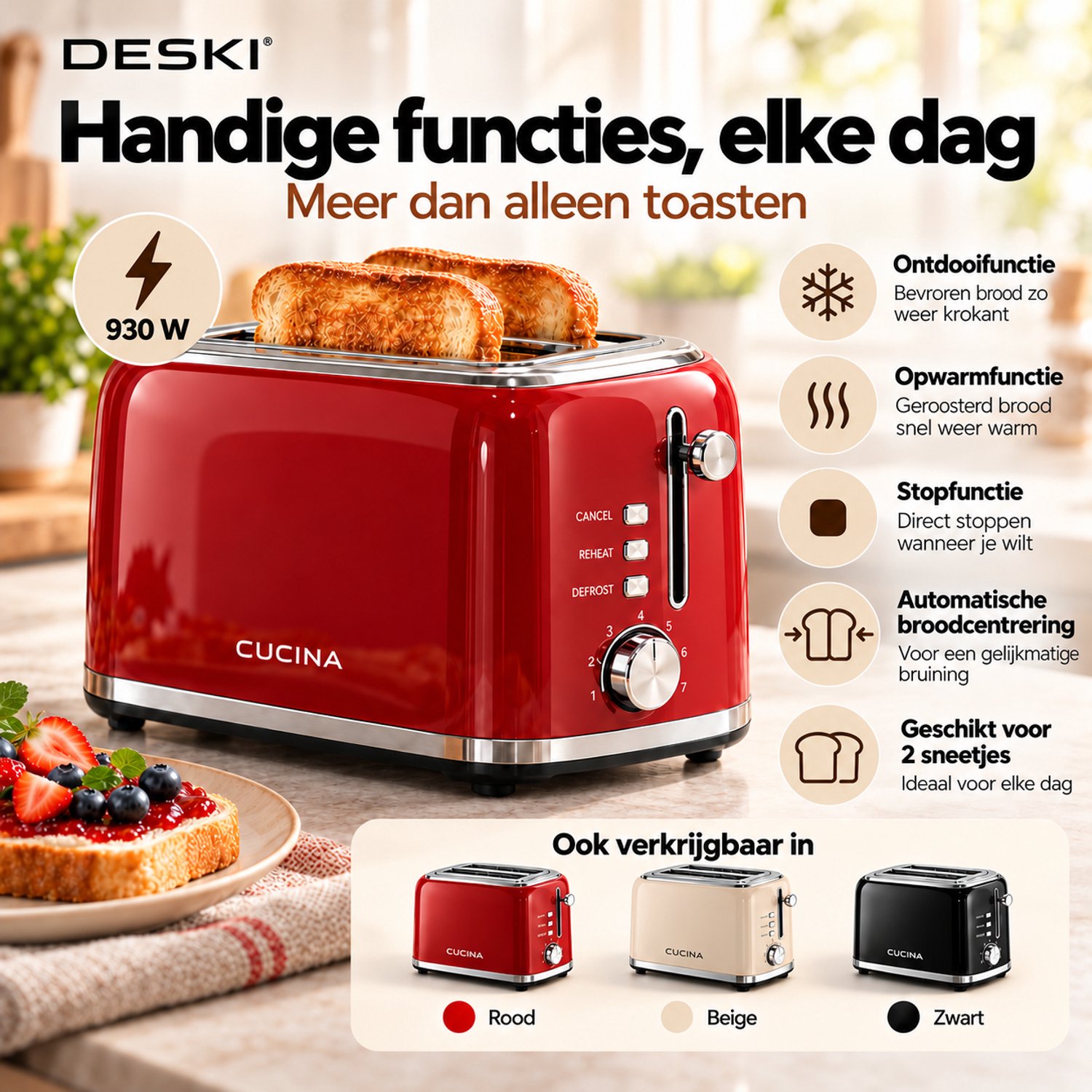 Deski Retro Broodrooster - 930 Watt Toaster voor 2 sneden met 6 Bruiningsstanden in de kleur Rood