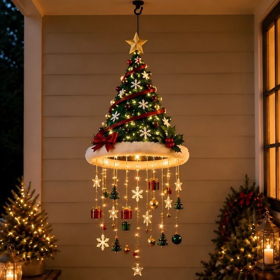 Kerstboom hanger met warm-witte LED-lampjes, rode strikken, kerstballen, sneeuwvlokken en sterren, met een gouden ster bovenop.