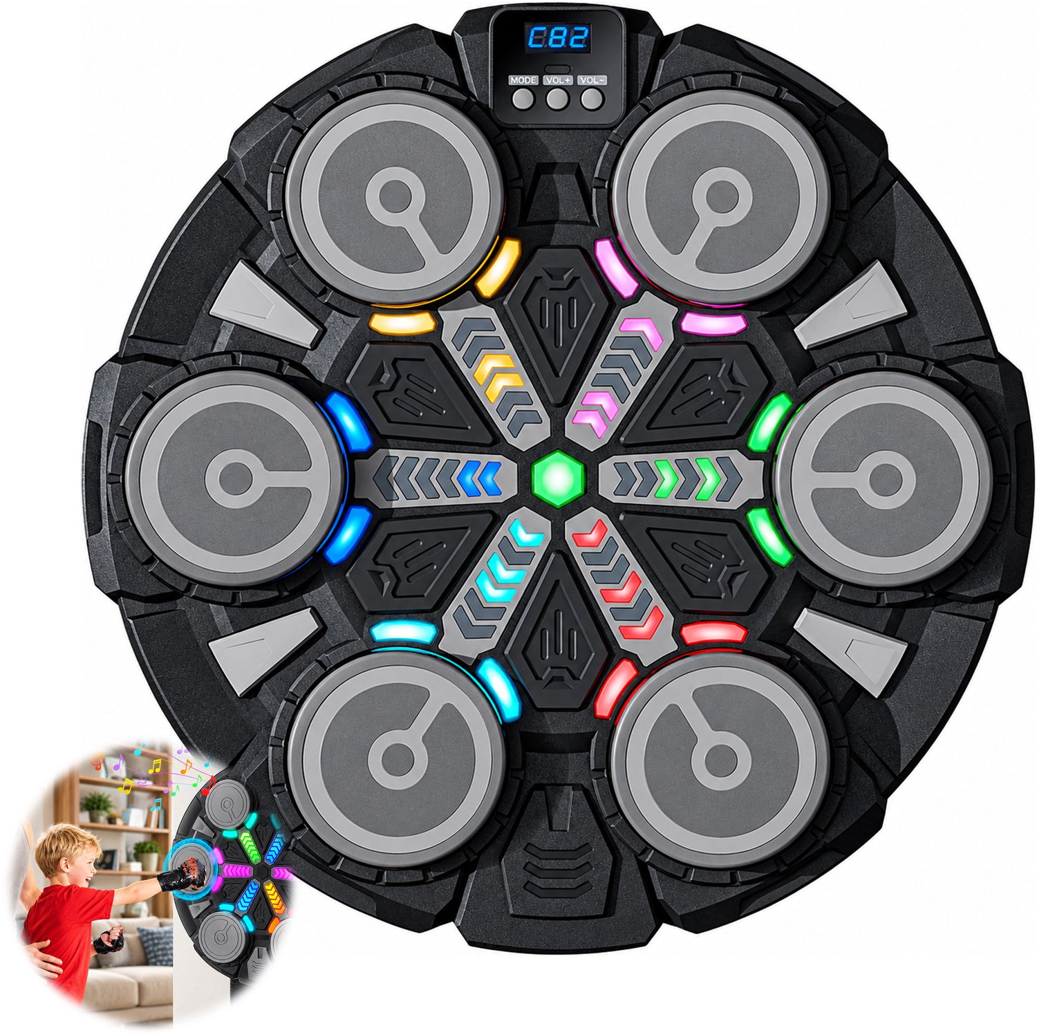 LIVTEK - muur boksmachine met 6 impactzones - Bluetooth en LED verlichting - inclusief bokshandschoenen - voor thuis en gezin - zwart