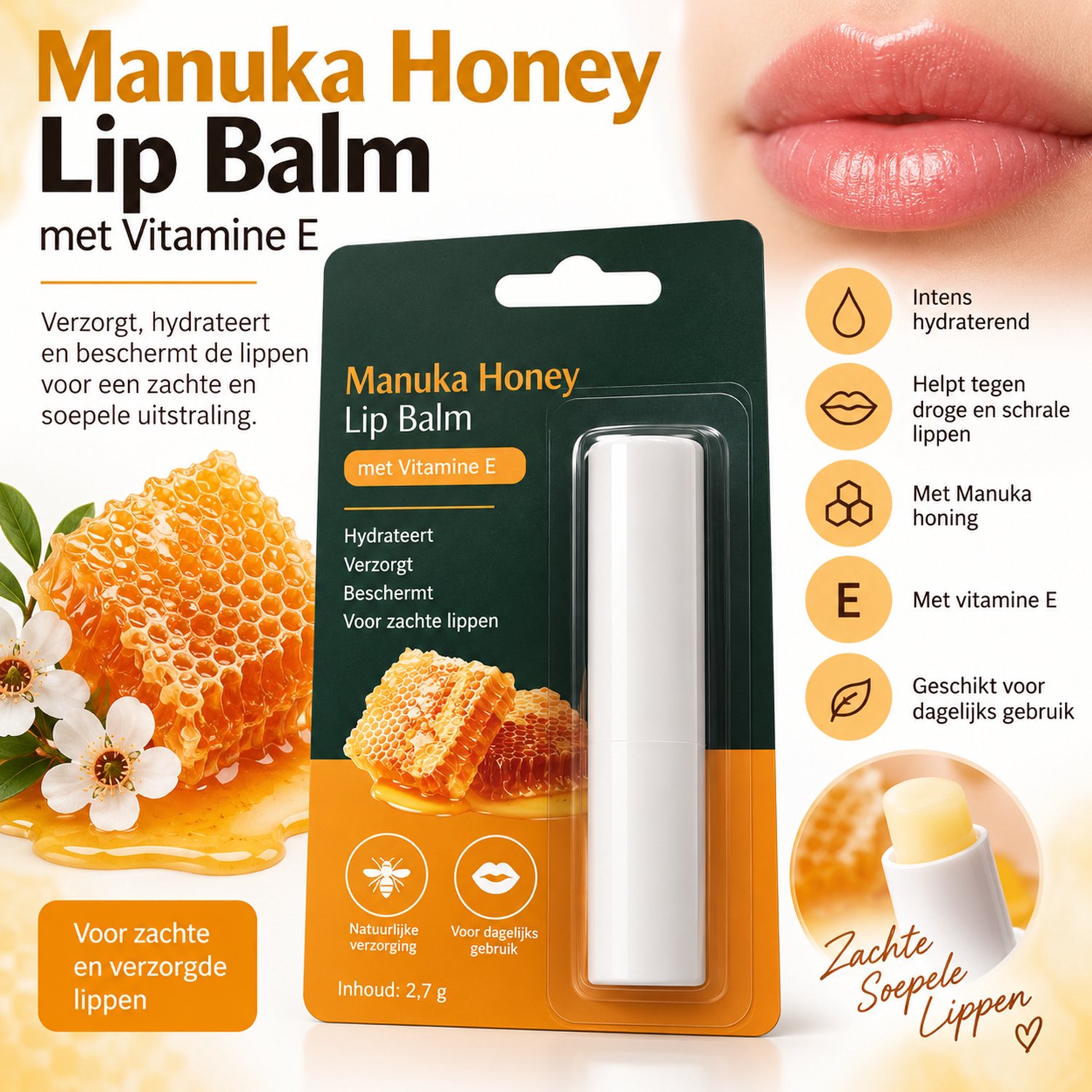 Manuka Honey Lippenbalsem met Vitamine E – Voor Droge Lippen 2,7 g